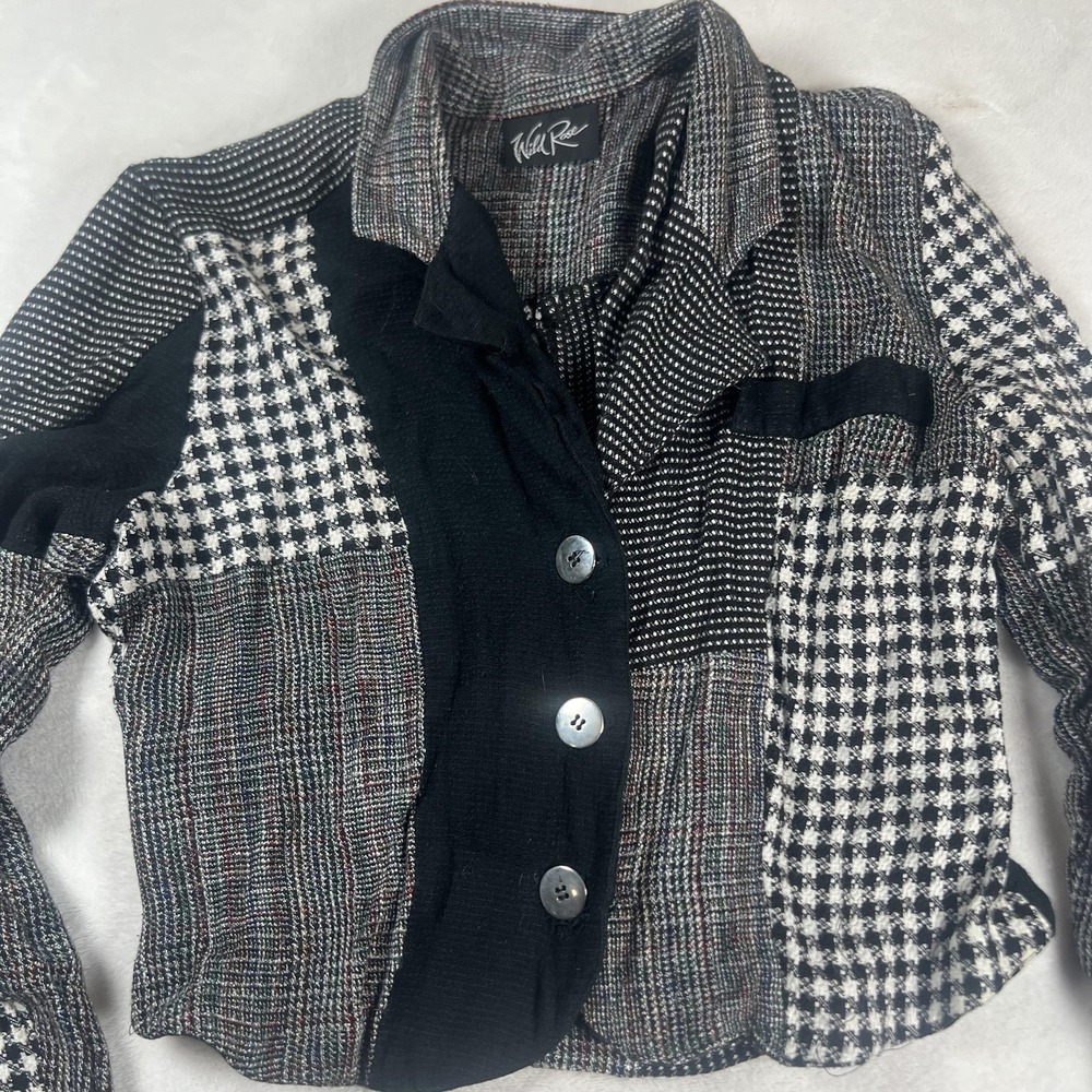 Wild Rose Jacket Womens Small Black White Patchwork Houndstooth Plaid Button Up